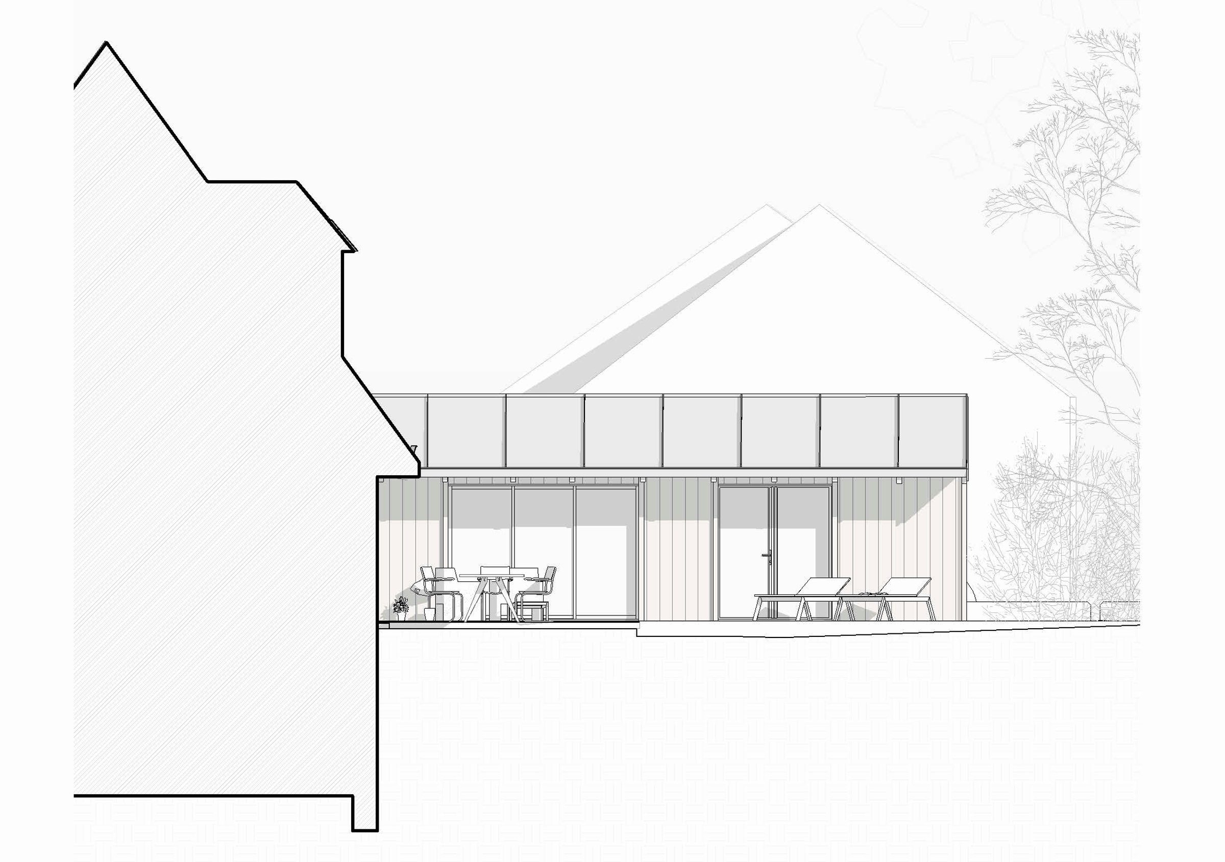 Coupe-élévation de l'extension et de la maison existante